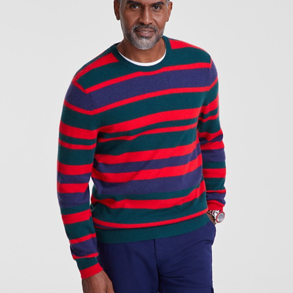 NWT Men's Printed Stripe Cashmere Crewneck Sweater, XL